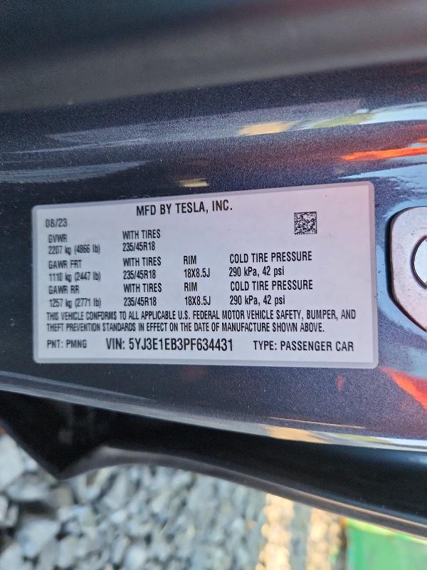 2023 Tesla Model 3 მანქანა იყიდება აუქციონზე, vin: 5YJ3E1EB3PF634431, აუქციონის ნომერი: 62805996