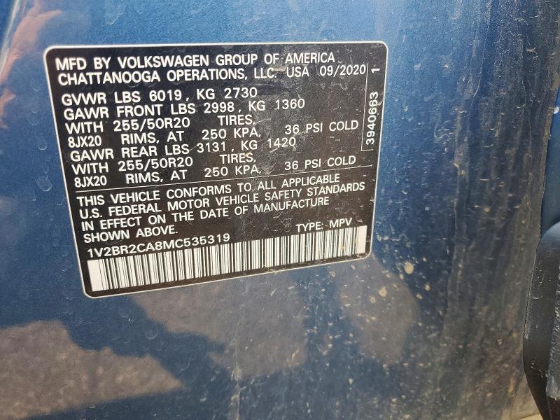 60010416 :رقم المزاد ، 1V2BR2CA8MC535319 vin ، 2021 Volkswagen Atlas مزاد بيع
