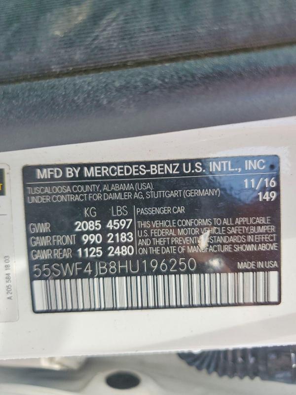 62068456 :رقم المزاد ، 55SWF4JB8HU196250 vin ، 2017 Mercedes-benz C مزاد بيع