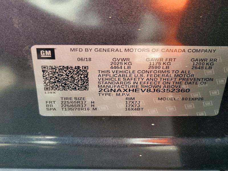 Продаж на аукціоні авто 2018 Chevrolet Equinox, vin: 2GNAXHEV8J6352360, номер лоту: 60773686
