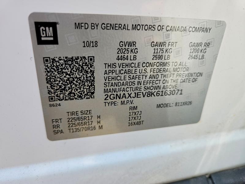 2019 Chevrolet Equinox მანქანა იყიდება აუქციონზე, vin: 2GNAXJEV8K6163071, აუქციონის ნომერი: 62420206