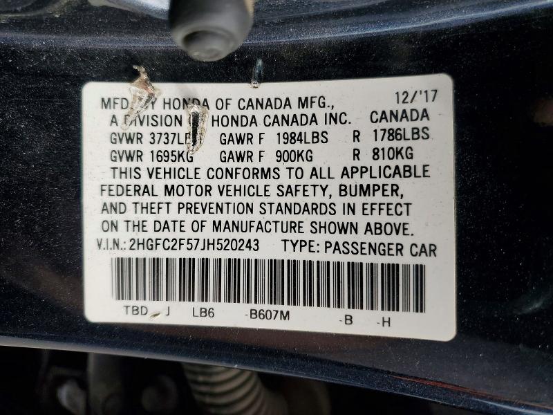 Продажа на аукционе авто 2018 Honda Civic, vin: 2HGFC2F57JH520243, номер лота: 60842716