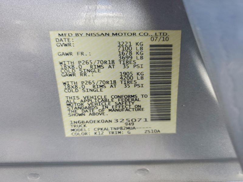 2010 Nissan Titan მანქანა იყიდება აუქციონზე, vin: 1N6BA0EK0AN325071, აუქციონის ნომერი: 61166396