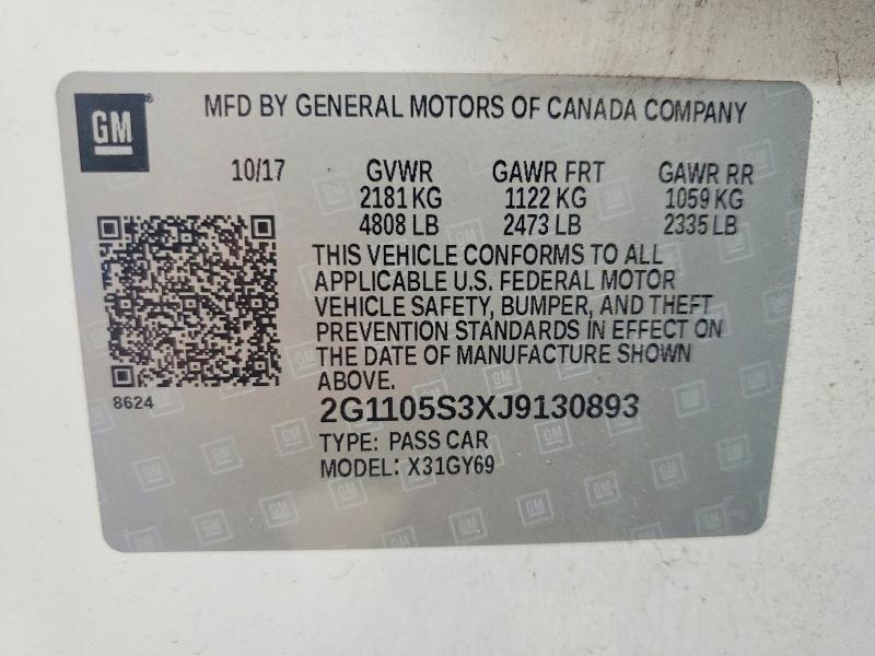 59953656 :رقم المزاد ، 2G1105S3XJ9130893 vin ، 2018 Chevrolet Impala مزاد بيع