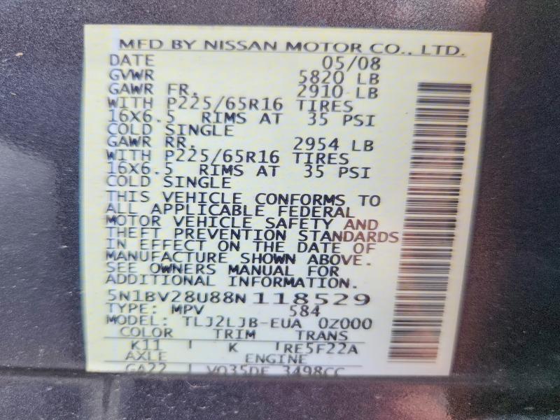 2008 Nissan Quest მანქანა იყიდება აუქციონზე, vin: 5N1BV28U88N118529, აუქციონის ნომერი: 59867886