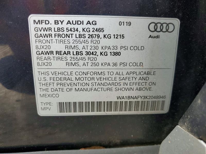 2019 Audi Q5 მანქანა იყიდება აუქციონზე, vin: WA1BNAFY3K2048946, აუქციონის ნომერი: 61419076