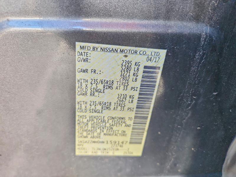2017 Nissan Murano მანქანა იყიდება აუქციონზე, vin: 5N1AZ2MH0HN159147, აუქციონის ნომერი: 59864016