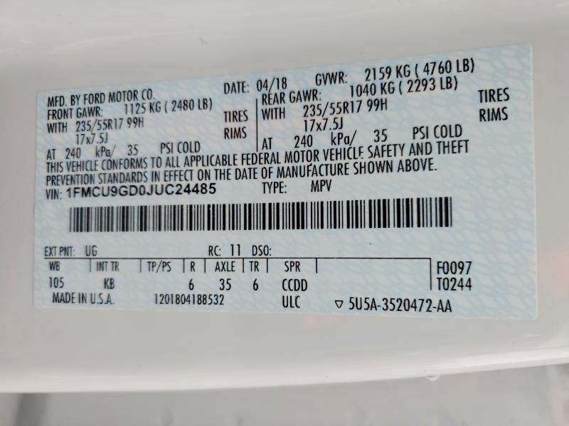 62027226 :رقم المزاد ، 1FMCU9GD0JUC24485 vin ، 2018 Ford Escape مزاد بيع