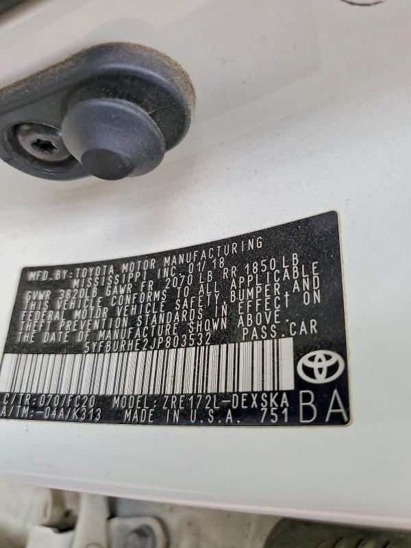 Продаж на аукціоні авто 2018 Toyota Corolla, vin: 5YFBURHE2JP803532, номер лоту: 60890166