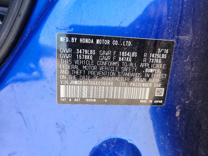 Продаж на аукціоні авто 2016 Honda Fit, vin: JHMGK5H70GX036598, номер лоту: 62841856