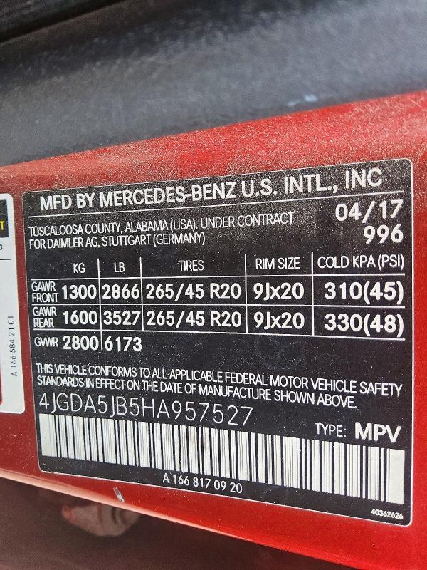 2017 Mercedes-benz Gle მანქანა იყიდება აუქციონზე, vin: 4JGDA5JB5HA957527, აუქციონის ნომერი: 60924026