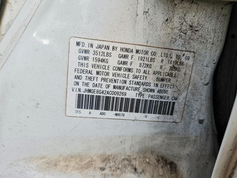 2010 Honda Fit მანქანა იყიდება აუქციონზე, vin: JHMGE8G42AC009269, აუქციონის ნომერი: 60885086