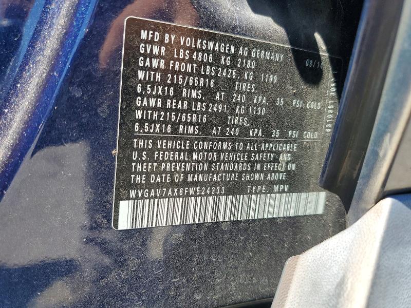 60430086 :رقم المزاد ، WVGAV7AX6FW524233 vin ، 2015 Volkswagen Tiguan مزاد بيع