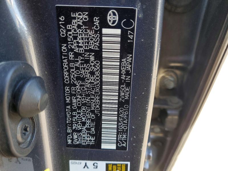 Продажа на аукционе авто 2016 Toyota Prius, vin: JTDKBRFUXG3008360, номер лота: 60242006