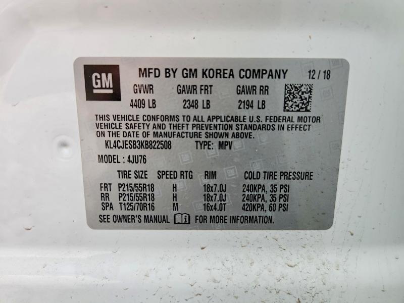 2019 Buick Encore მანქანა იყიდება აუქციონზე, vin: KL4CJESB3KB822508, აუქციონის ნომერი: 61382456