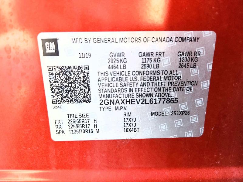 85458835 :رقم المزاد ، 2GNAXHEV2L6177865 vin ، 2020 Chevrolet Equinox مزاد بيع