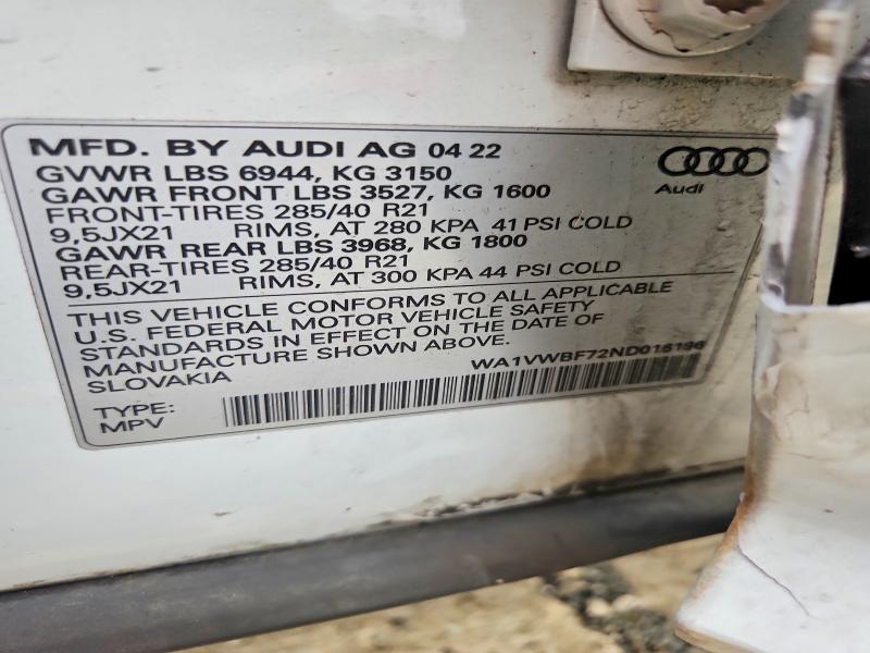 Aukcja sprzedaży 2022 Audi Sq7, vin: WA1VWBF72ND016196, numer aukcji: 60301226