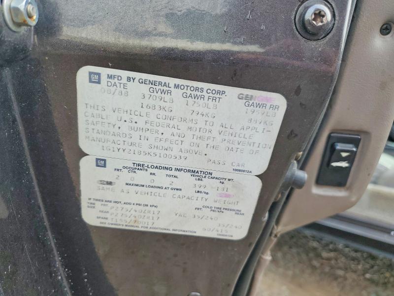 62790226 :رقم المزاد ، 1G1YY2185K5100539 vin ، 1989 Chevrolet Corvette مزاد بيع
