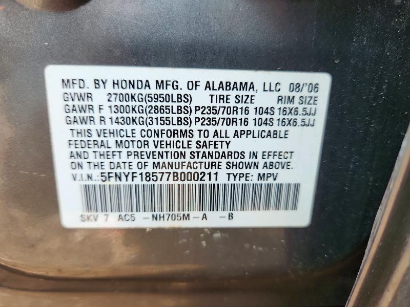 Продаж на аукціоні авто 2007 Honda Pilot, vin: 5FNYF18577B000211, номер лоту: 62940776