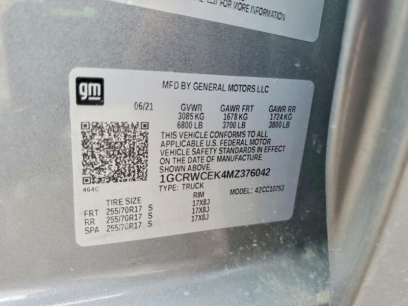 Aukcja sprzedaży 2021 Chevrolet Silverado, vin: 1GCRWCEK4MZ376042, numer aukcji: 61341066