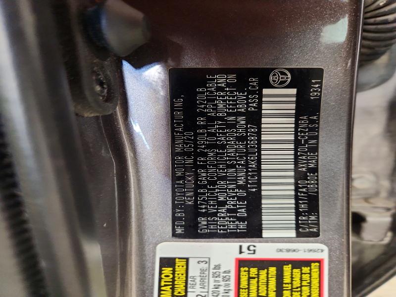 2020 Toyota Camry მანქანა იყიდება აუქციონზე, vin: 4T1C11AK6LU368787, აუქციონის ნომერი: 61540286