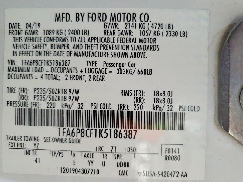 Продаж на аукціоні авто 2019 Ford Mustang, vin: 1FA6P8CF1K5186387, номер лоту: 63221296