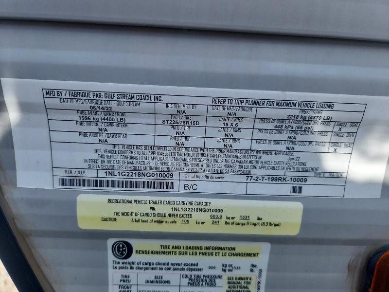 60454546 :رقم المزاد ، 1NL1G2218NG010009 vin ، 2022 Gulf Stream Trailers مزاد بيع