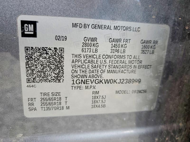 Aukcja sprzedaży 2019 Chevrolet Traverse, vin: 1GNEVGKW0KJ238999, numer aukcji: 62068376