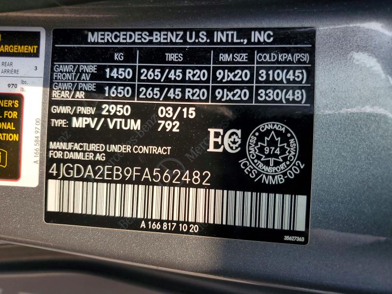 60560366 :رقم المزاد ، 4JGDA2EB9FA562482 vin ، 2015 Mercedes-benz Ml مزاد بيع