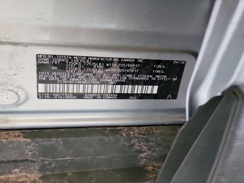 Продаж на аукціоні авто 2019 Toyota Rav4, vin: 2T3H1RFV4KW027806, номер лоту: 59319546