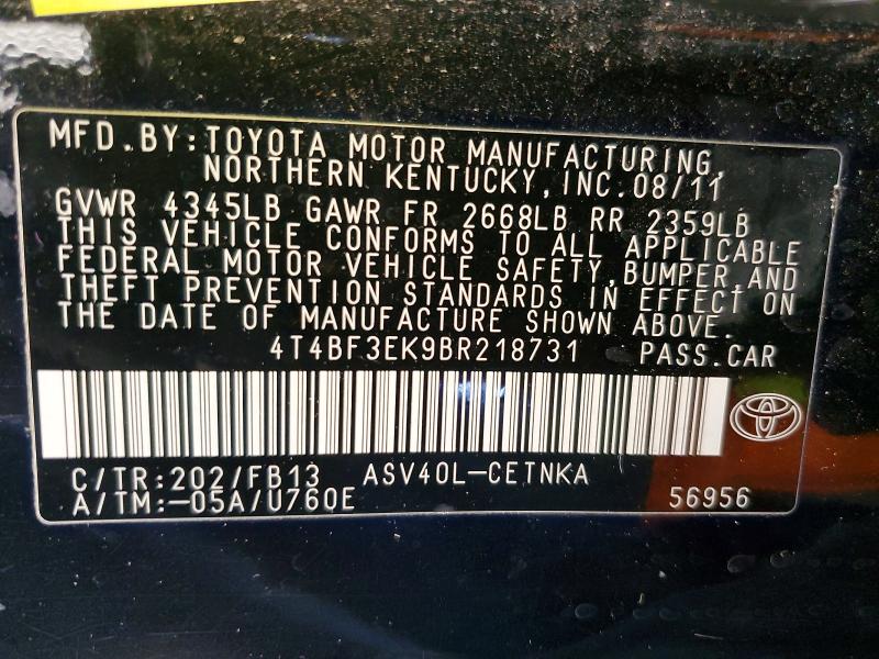 2011 Toyota Camry მანქანა იყიდება აუქციონზე, vin: 4T4BF3EK9BR218731, აუქციონის ნომერი: 63184276
