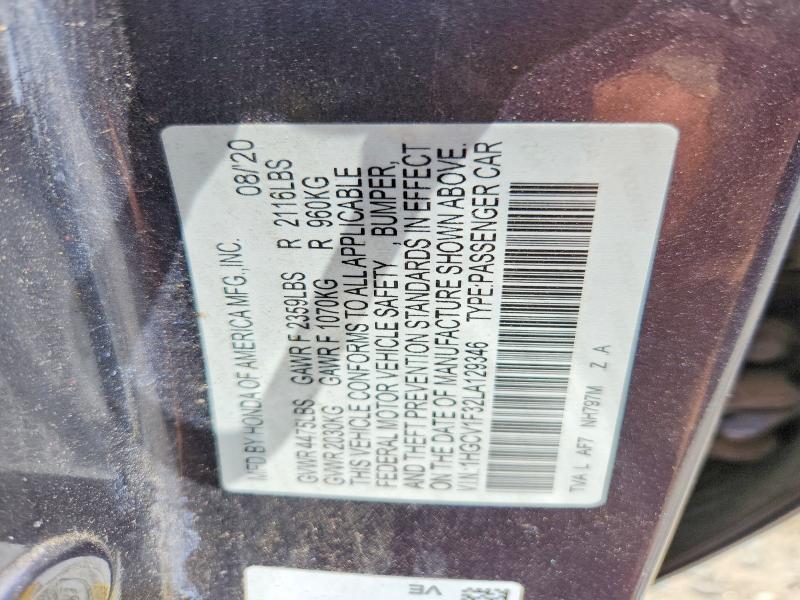 Auction sale of the 2020 Honda Accord, vin: 1HGCV1F32LA129346, lot number: 61726426