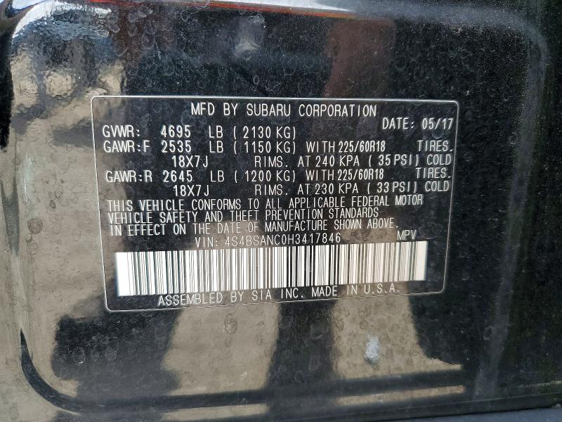 2017 Subaru Outback მანქანა იყიდება აუქციონზე, vin: 4S4BSANC0H3417846, აუქციონის ნომერი: 61036576