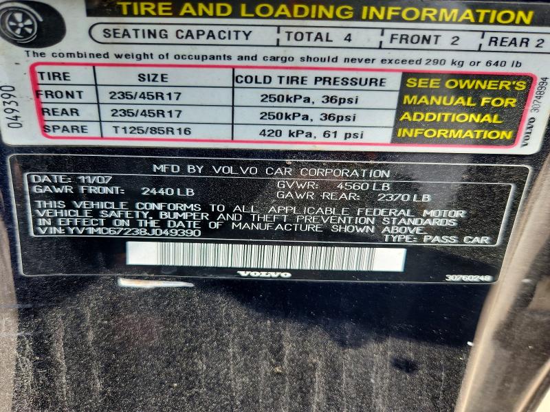 2008 Volvo C70 მანქანა იყიდება აუქციონზე, vin: YV1MC67238J049390, აუქციონის ნომერი: 60398016