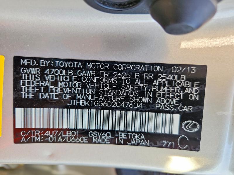 60646026 :رقم المزاد ، JTHBK1GG6D2047604 vin ، 2013 Lexus Es مزاد بيع