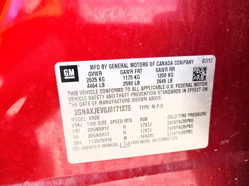 Aukcja sprzedaży 2018 Chevrolet Equinox, vin: 2GNAXJEV0J6171275, numer aukcji: 60779406