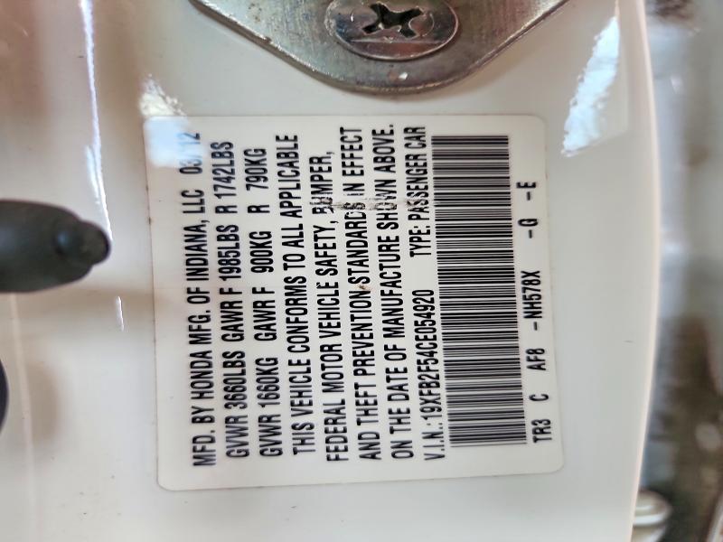 2012 Honda Civic მანქანა იყიდება აუქციონზე, vin: 19XFB2F54CE054920, აუქციონის ნომერი: 62080846