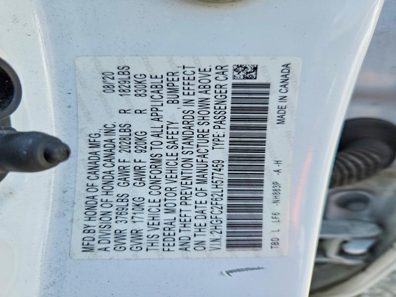 2020 Honda Civic მანქანა იყიდება აუქციონზე, vin: 2HGFC2F62LH577459, აუქციონის ნომერი: 60443556