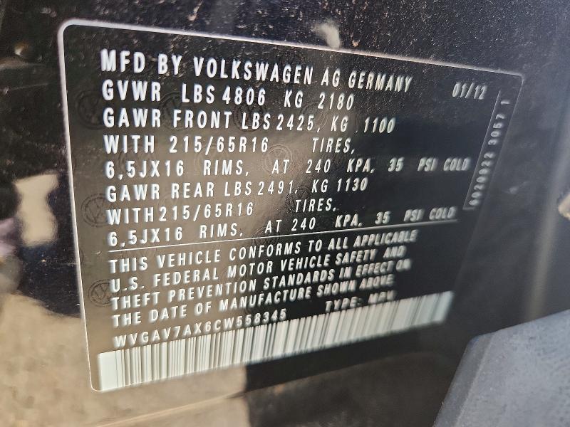 Aukcja sprzedaży 2012 Volkswagen Tiguan, vin: WVGAV7AX6CW558345, numer aukcji: 61026276