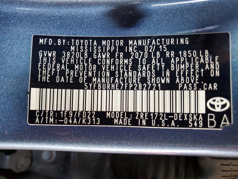 Продаж на аукціоні авто 2015 Toyota Corolla, vin: 5YFBURHE7FP282721, номер лоту: 62524666