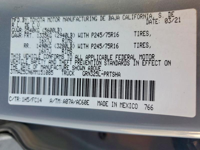 60970946 :رقم المزاد ، 3TMAZ5CN6MM151085 vin ، 2021 Toyota Tacoma مزاد بيع