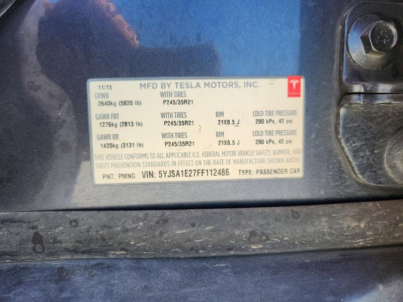 2015 Tesla Model S მანქანა იყიდება აუქციონზე, vin: 5YJSA1E27FF112486, აუქციონის ნომერი: 60631236