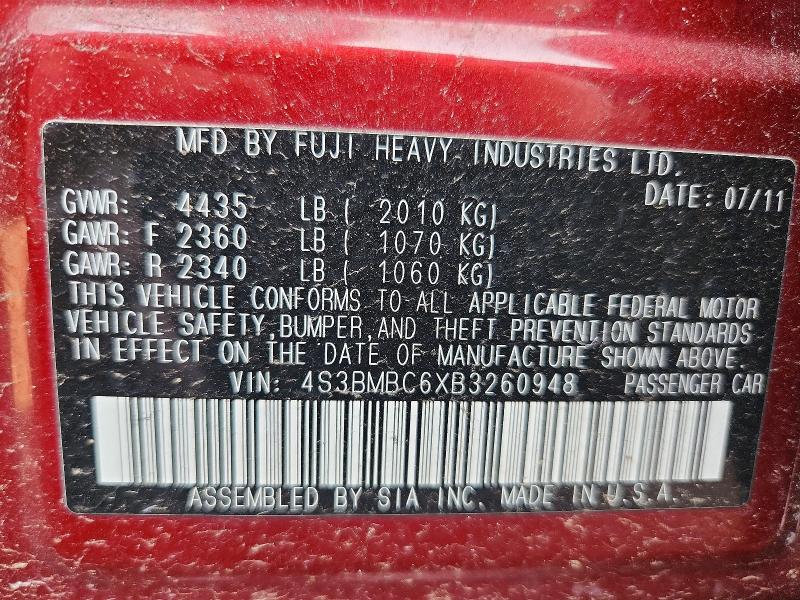 Aukcja sprzedaży 2011 Subaru Legacy, vin: 4S3BMBC6XB3260948, numer aukcji: 62447256