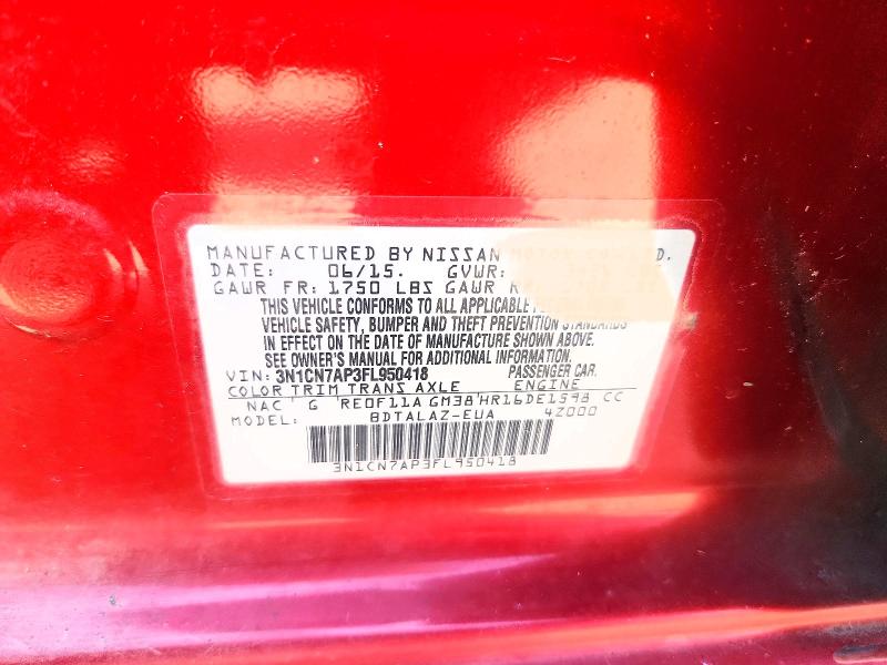 60800656 :رقم المزاد ، 3N1CN7AP3FL950418 vin ، 2015 Nissan Versa مزاد بيع