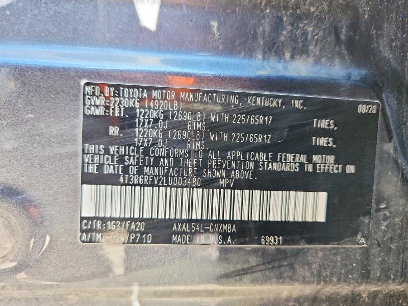 60965746 :رقم المزاد ، 4T3R6RFV2LU003480 vin ، 2020 Toyota Rav4 Hybrid مزاد بيع