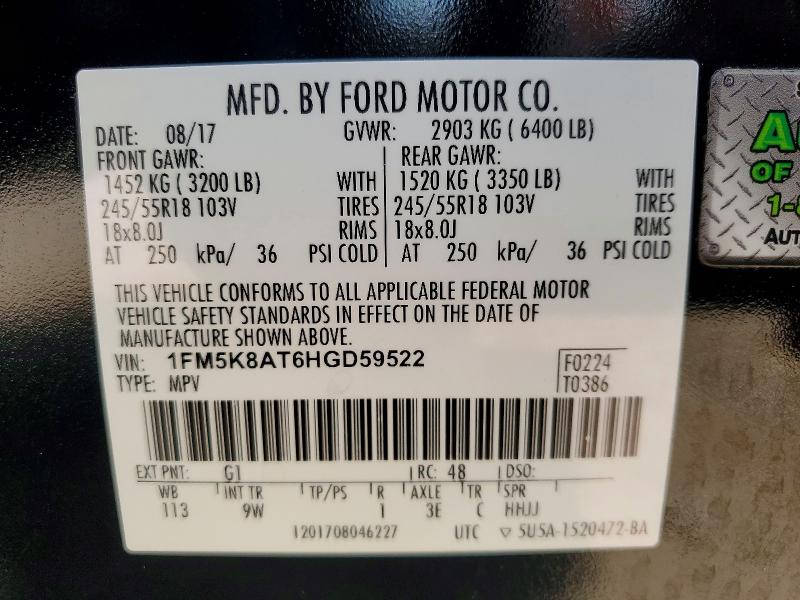 59542366 :رقم المزاد ، 1FM5K8AT6HGD59522 vin ، 2017 Ford Explorer مزاد بيع