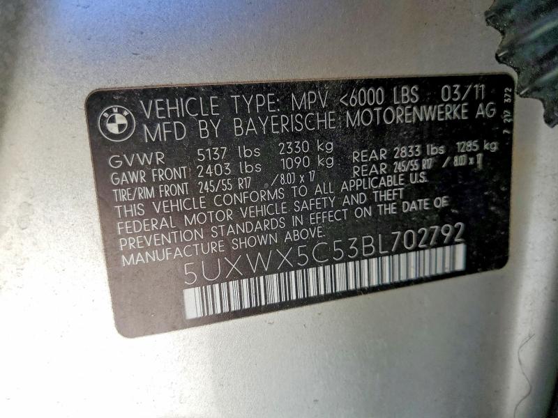 2011 Bmw X3 მანქანა იყიდება აუქციონზე, vin: 5UXWX5C53BL702792, აუქციონის ნომერი: 61484666