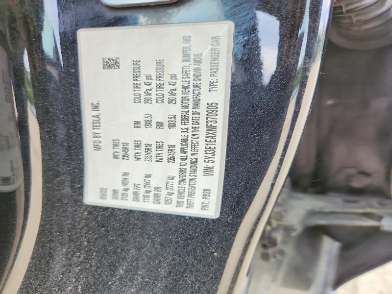 Aukcja sprzedaży 2022 Tesla Model 3, vin: 5YJ3E1EAXNF370905, numer aukcji: 60142006