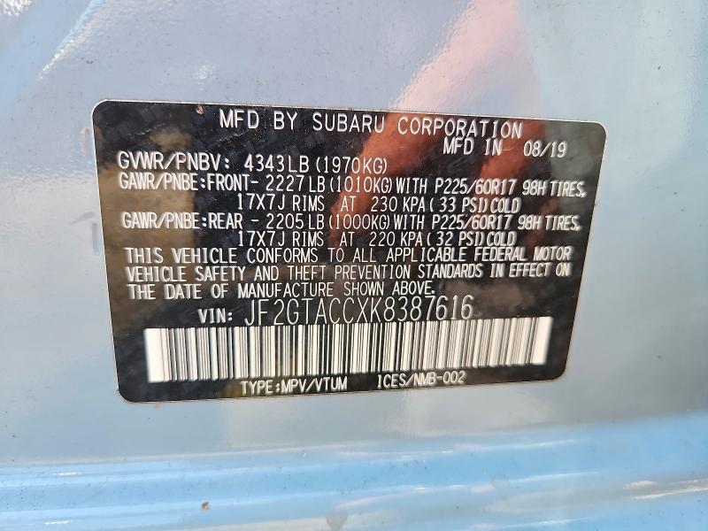 Aukcja sprzedaży 2019 Subaru Crosstrek, vin: JF2GTACCXK8387616, numer aukcji: 60361676