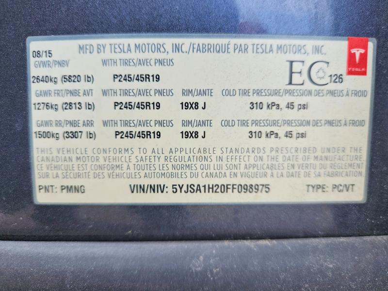 Aukcja sprzedaży 2015 Tesla Model S, vin: 5YJSA1H20FF098975, numer aukcji: 58626946